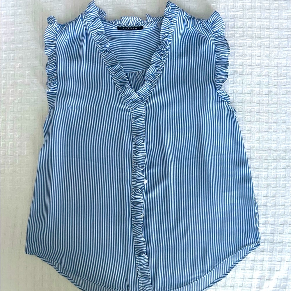 T Tahari Blue and White Striped Ruffle Blouse